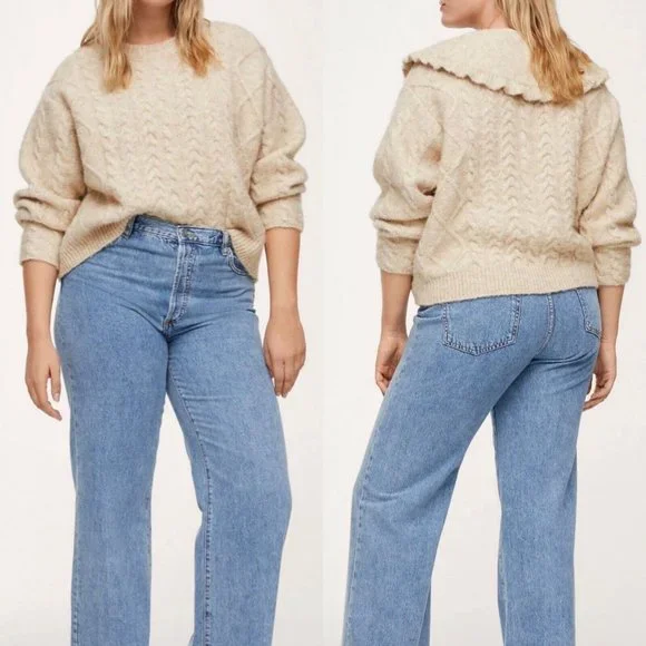 NWT MNG Mango Curve Chunky Cable Knit Sweater Ivory Beige/Collar Detail Plus 4XL - Picture 2 of 11